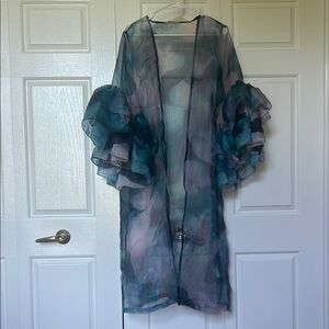 Anthropologie Sheer Blue and Pink Ruffle Sleeve frock